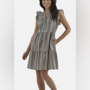 Flutter sleeve mixed stripe dress 100% cotton